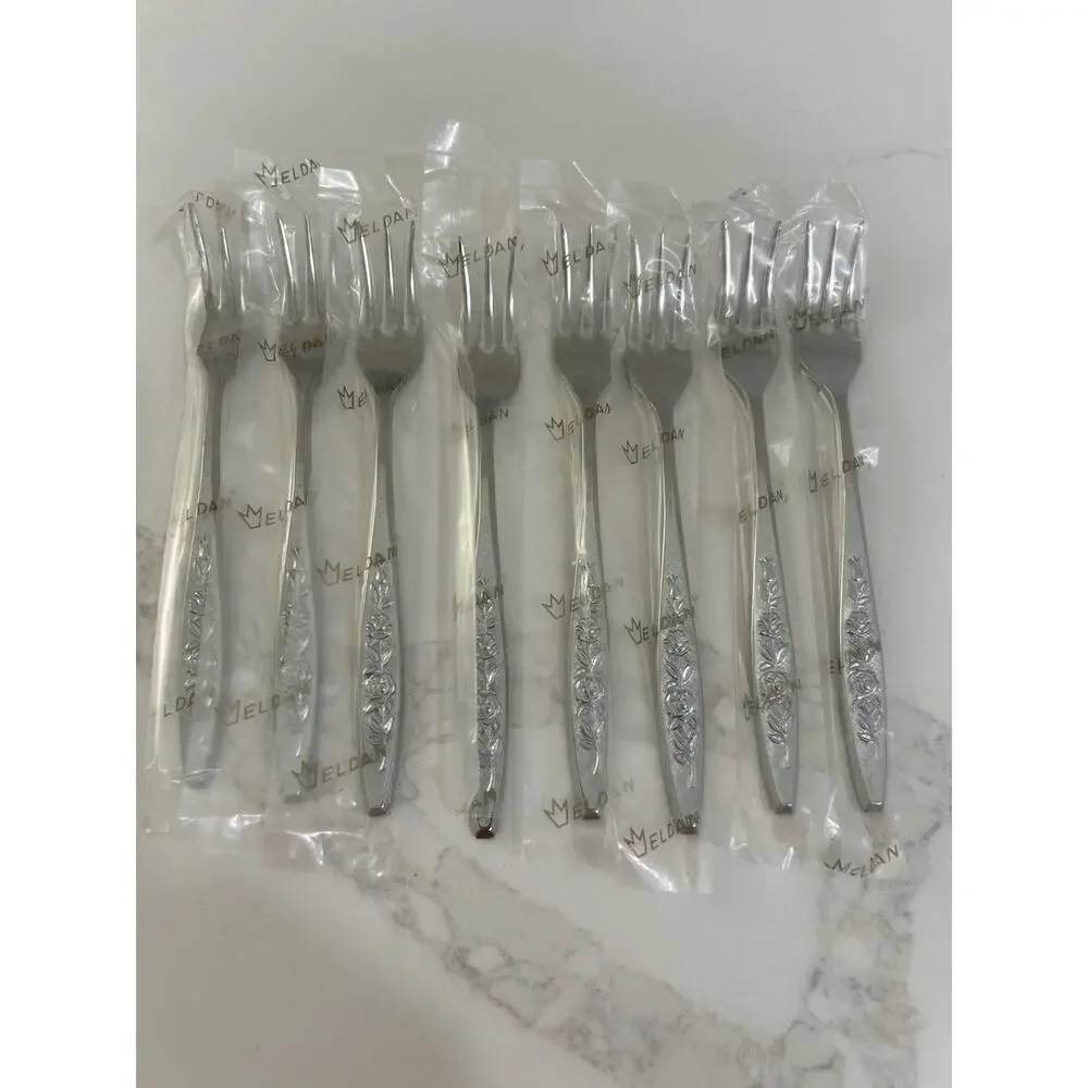 NEW Eldan ELD18 Set Of 8 Seafood Forks MAY ROSE Textured Roses Stainless Vtg MCM